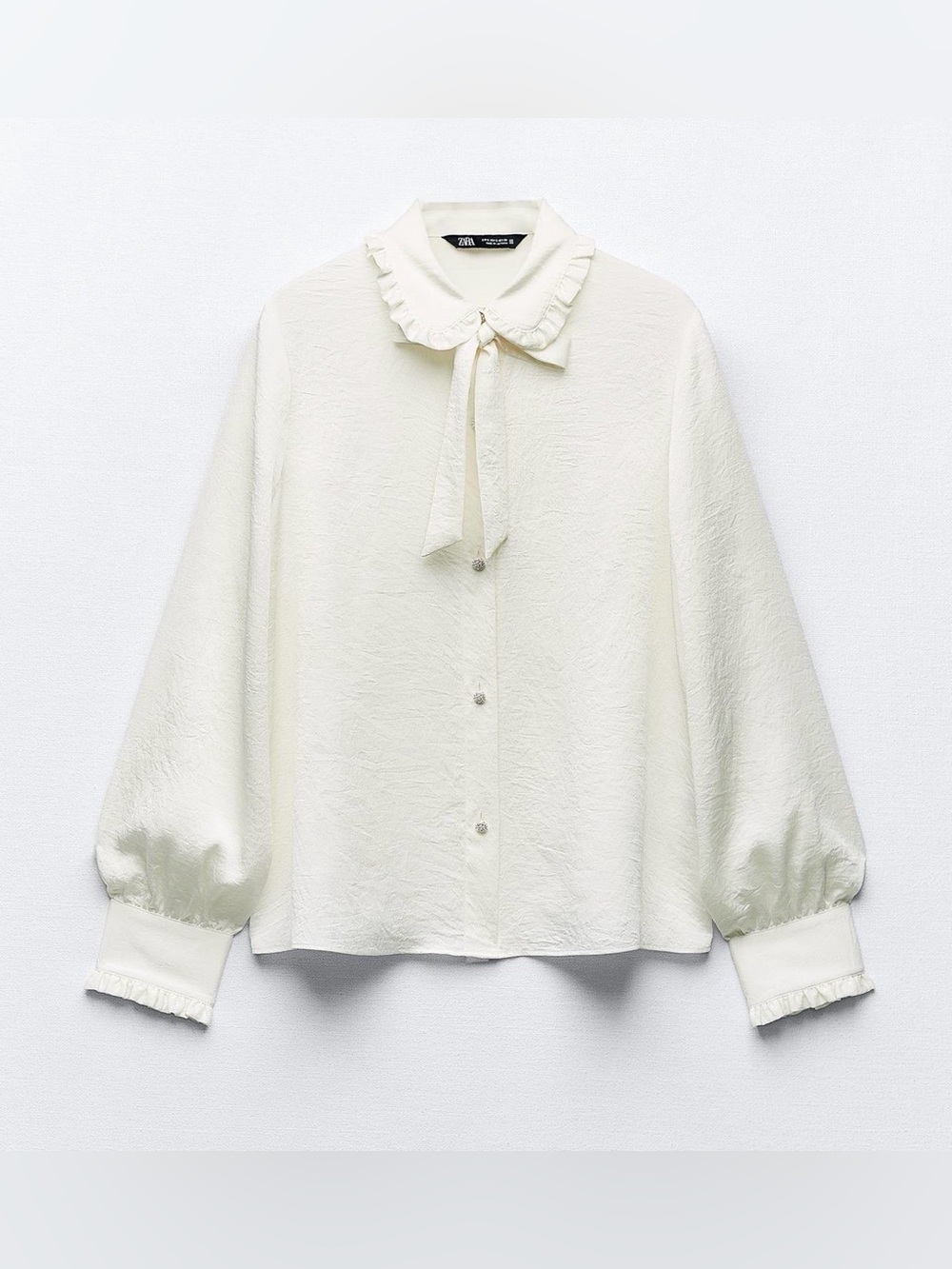 Zara Wrinkle Effect Pearl Button Bow Blouse